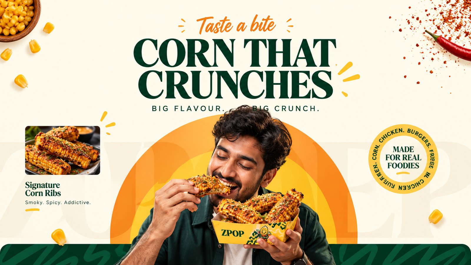 Taste a bite: corn that crunches, big flavour, big crunch. A man bites into a seasoned corn rib from a yellow ZPOP tray. Beside him, a photo of Signature Corn Ribs, smoky, spicy, addictive, and a badge reading made for real foodies.