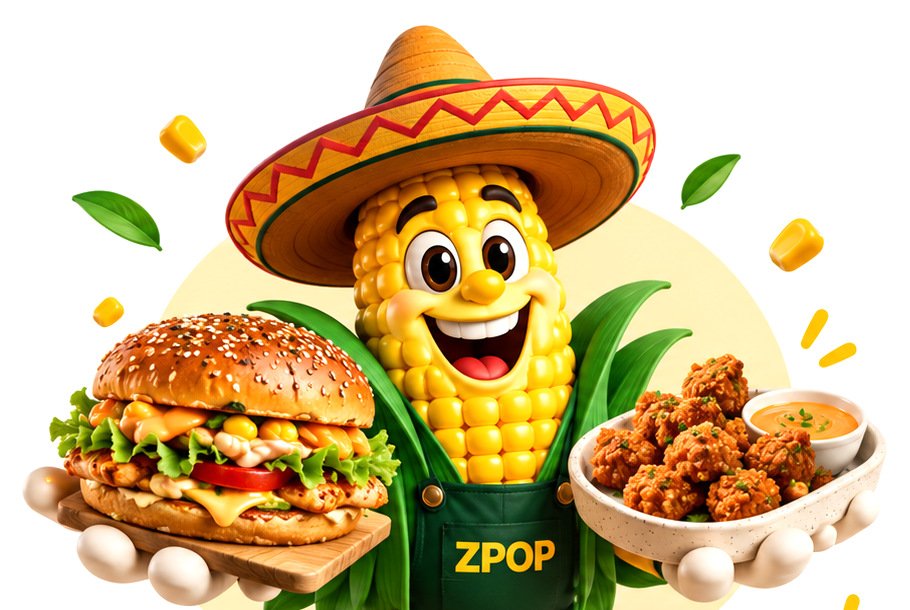 ZPOP's corn mascot in a sombrero, holding a loaded burger in one hand and a bowl of chicken bites in the other.