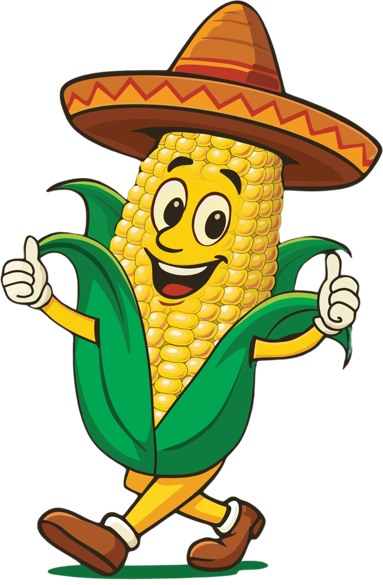 ZPOP's corn mascot in a sombrero, giving two thumbs up