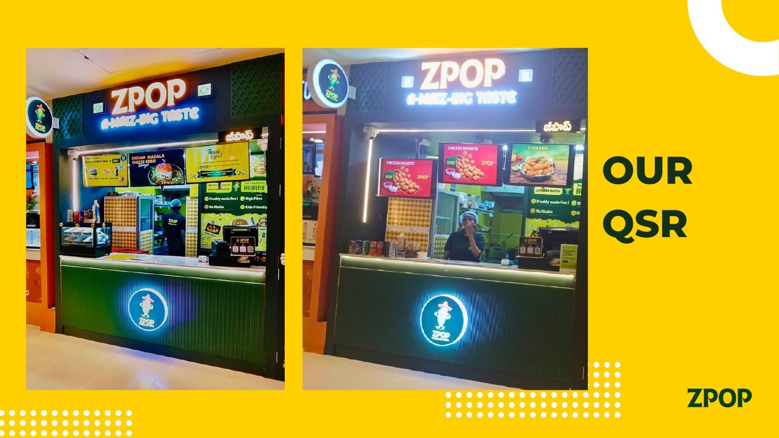 A real ZPOP store counter, live corn roasting in view