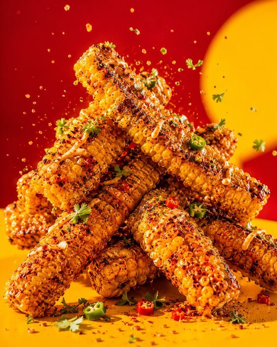 A stack of charred, seasoned corn ribs against a red and yellow backdrop.