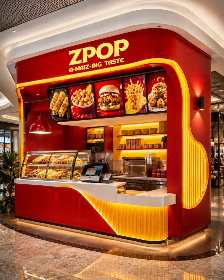 A red-and-yellow ZPOP kiosk with lit menu boards and a curved yellow-lit counter inside a mall.