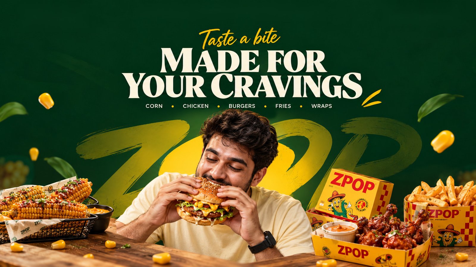 A man bites into a loaded ZPOP burger, surrounded by seasoned corn ribs, glazed chicken wings and fries in yellow ZPOP boxes. Headline: Taste a bite, made for your cravings. Corn, chicken, burgers, fries, wraps.